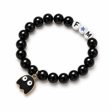 Black Beaded Ghost Charm Bracelet – Personalized Letter & Star Beads