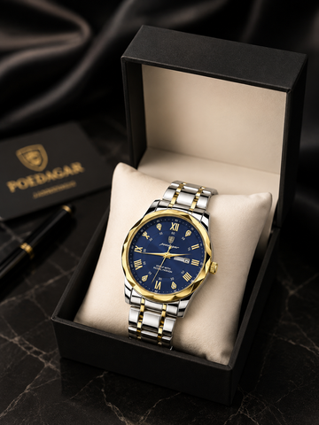 Luxury Gold & Silver Men’s Watch – Premium Blue Dial Stainless Steel Timepiece