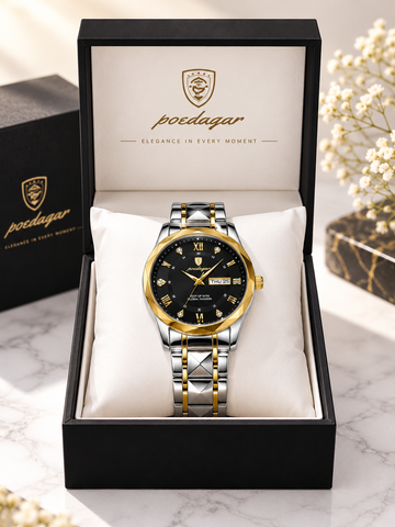 Poedagar Luxury Men’s Watch – Black & Gold Stainless Steel