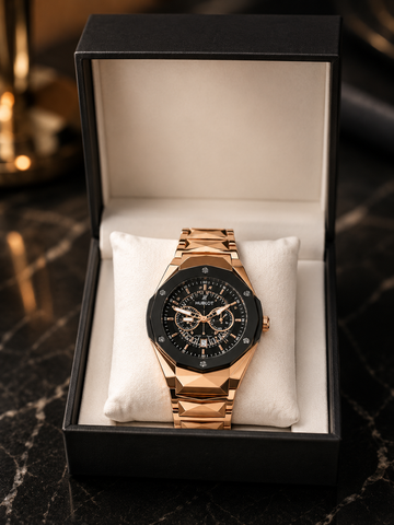 Luxury Rose Gold & Black Chronograph Watch