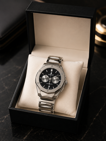 Luxury Silver & Black Chronograph Watch